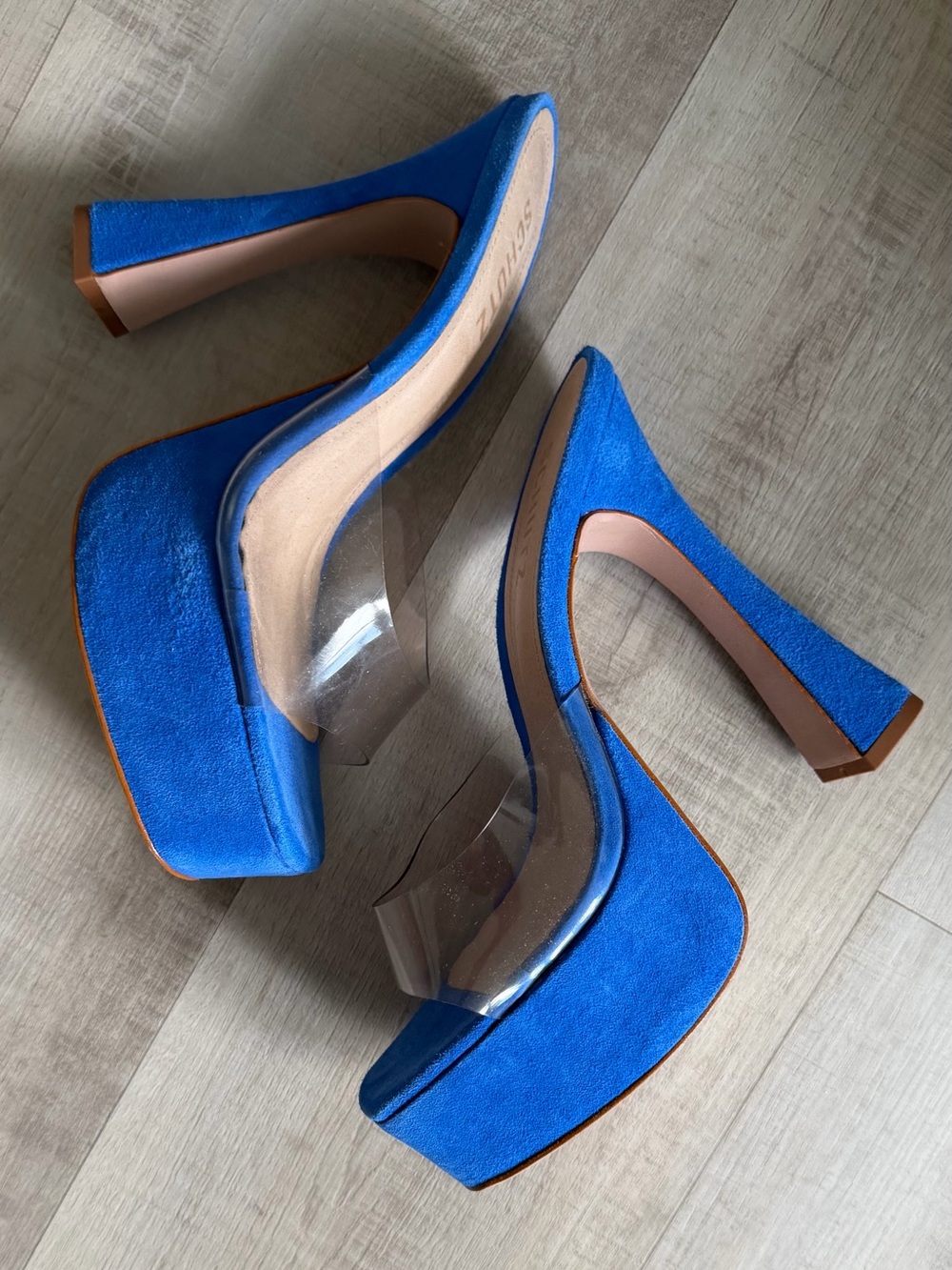 SCHUTZ Electric Blue Suede Platform Heels with Clear PVC Strap